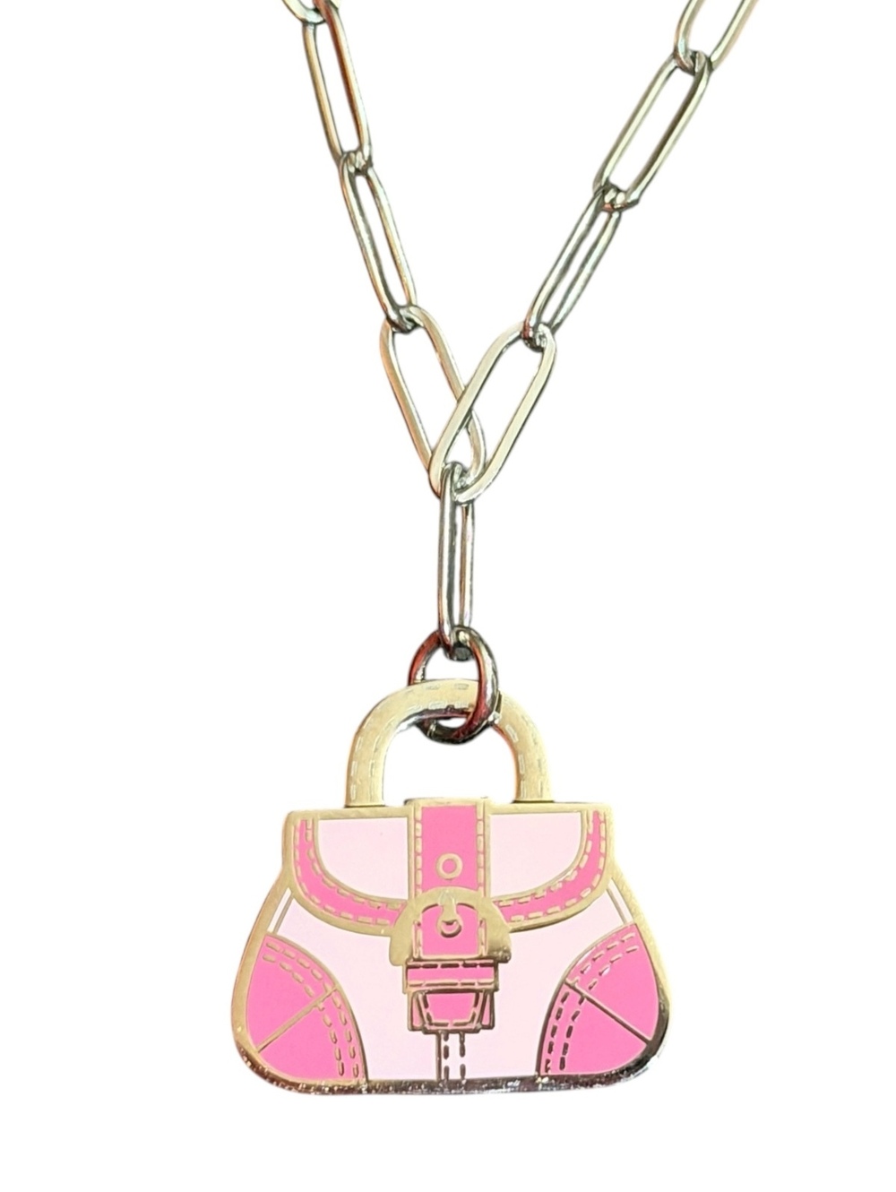 Coach Pink Handbag Charm Necklace Silver tone paperclip Chain toggle closure